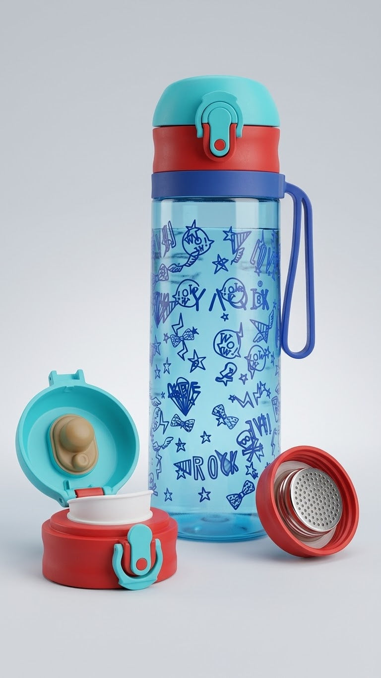 Vibrant Doodle-Print Kids' Water Bottle with Flip-Top Lid