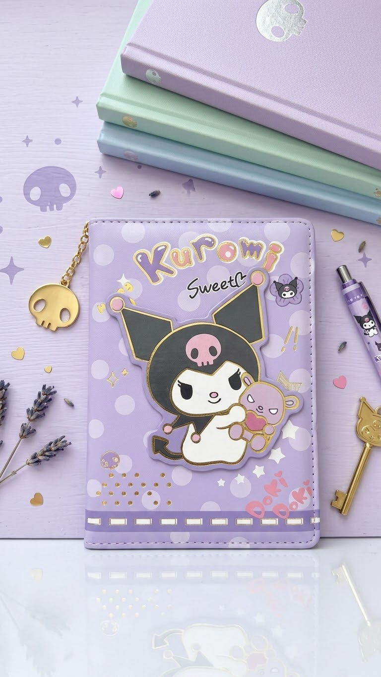 Kuromi Aesthetic Leatherette Notebook featuring Interactive Rotating Charm